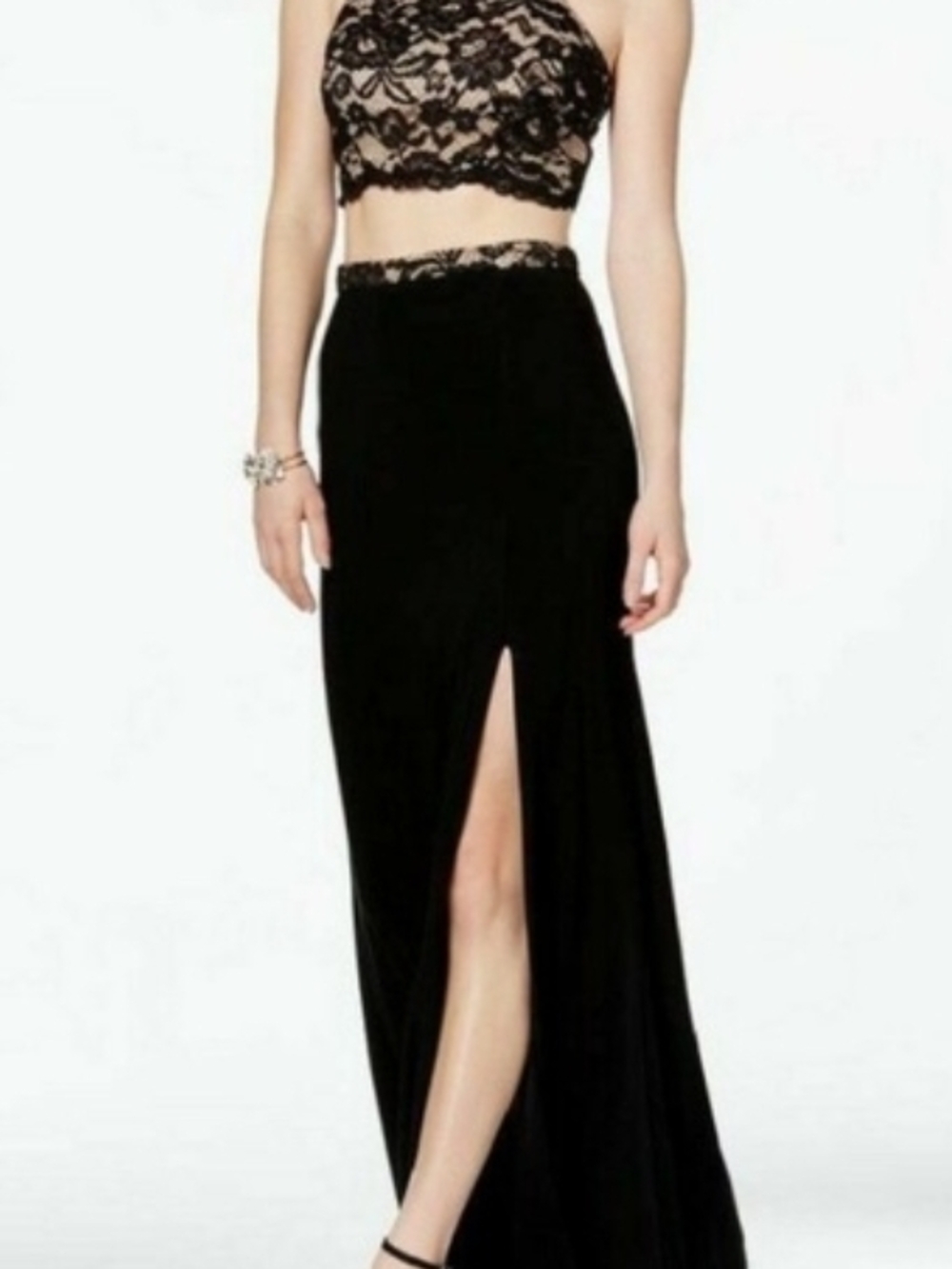 2 Piece Formal Black Lace Cropped Halter Top with High-Slit Maxi Skirt by Xscape
